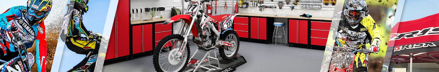 moto garage collection banner featuring moto collage with a dirt bike sitting on a Ride-on-lift and pit mat in a garage setting