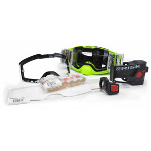 Combo kit featuring the J.A.C. V3 MX Goggle , Roll-Off Goggle Kit, mirrored tint tear-off lens, clear tear-off lens, 6pk roll-off film, and 20pk of tear-offs, and the Ripper Auto Roll-Off system by Risk Racing