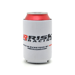 Risk Racing “Tire n Wings” drink koozie in white neoprene, holding a red soda can with the Risk Racing logo and website printed on it.