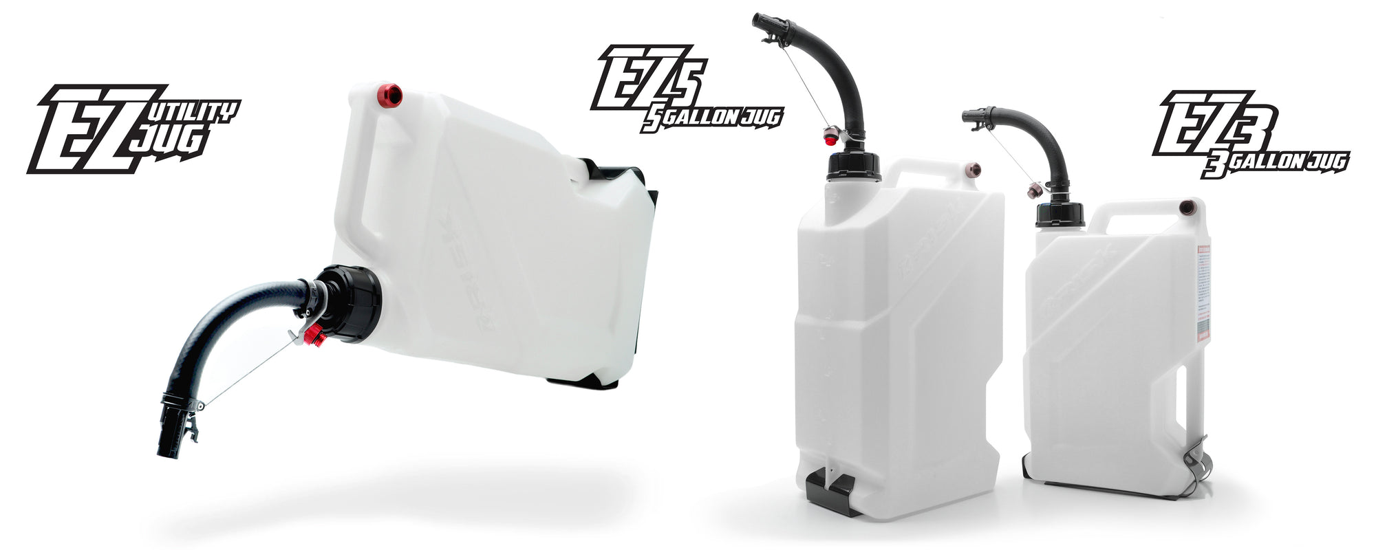 EZ Utility Jug Banner featuring both the EZ3 3 gallon and the EZ5 5 gallon utility jugs shown with the black hose bender and EZ floor mounts installed.