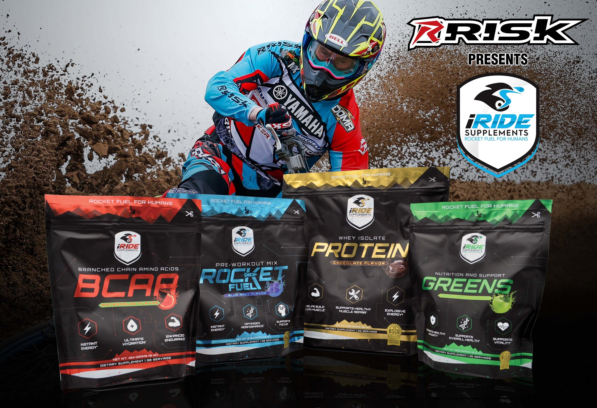 iRide banner featuring bcaa, rocket fuel, protein, and greens powdered supplements. MX racer throwing dirt through a corner in the background