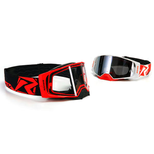 both color options of the J.A.C. V2 Goggles by Risk Racing. black/red & white/red