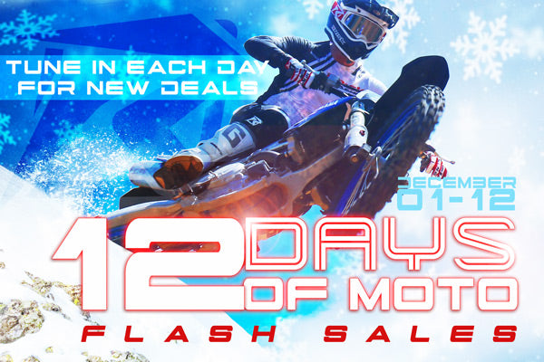 12 days of moto flash sales banner. tune in each day for new deals. December 01-12. Motocross racer jumping over in the background