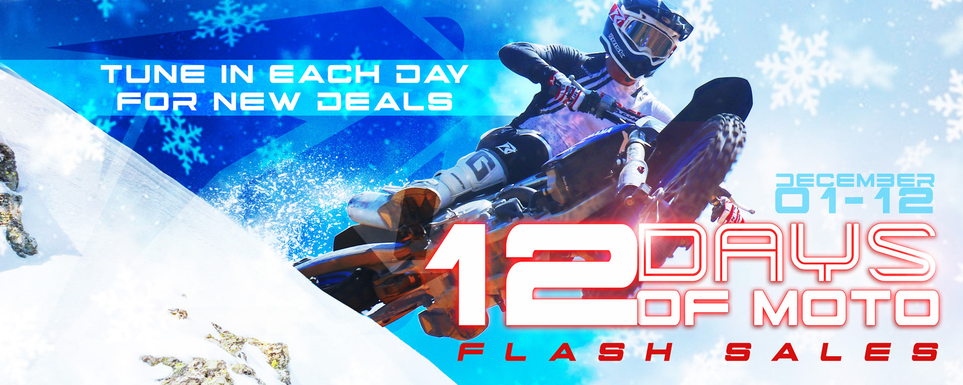 12 days of moto flash sales banner. tune in each day for new deals. December 01-12. Motocross racer jumping over in the background