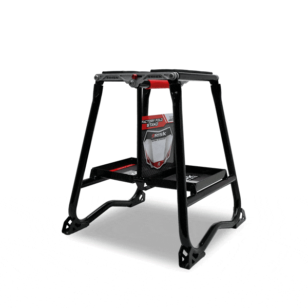 Animated GIF showing the F.F.S. Factory Fold Stand folding on a white background