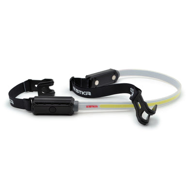 LED headlamp with adjustable strap and hook, designed for hands-free lighting.