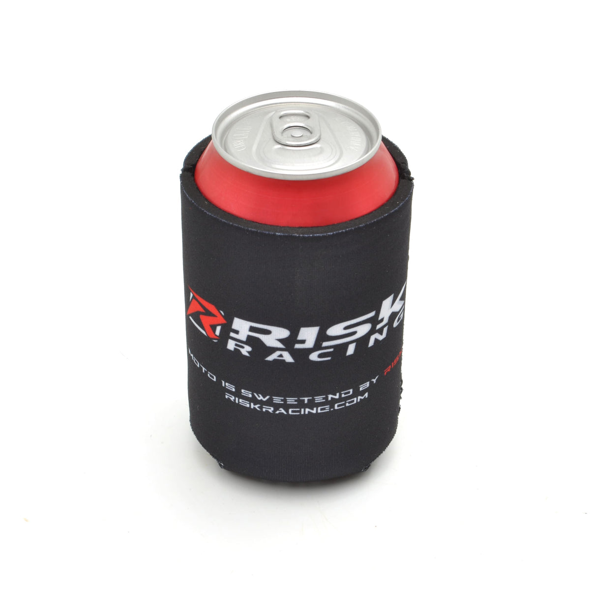 Risk Racing “Grip It N Rip It” drink koozie holding a red soda can, featuring the Risk Racing logo and website printed on black neoprene.