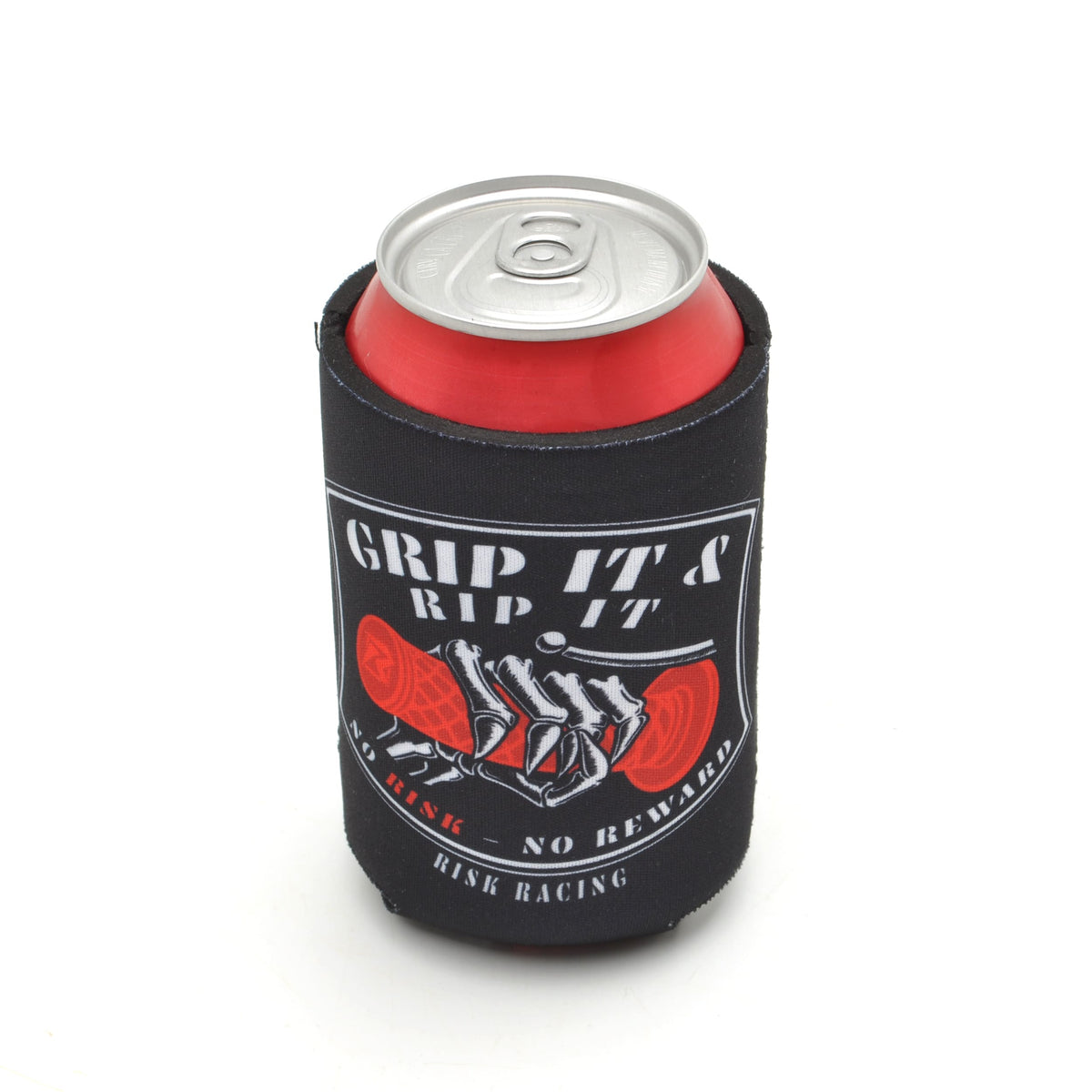Risk Racing “Grip It & Rip It” drink koozie holding a red soda can, featuring a skeleton hand gripping a red motocross throttle with the text “No Risk — No Reward.”