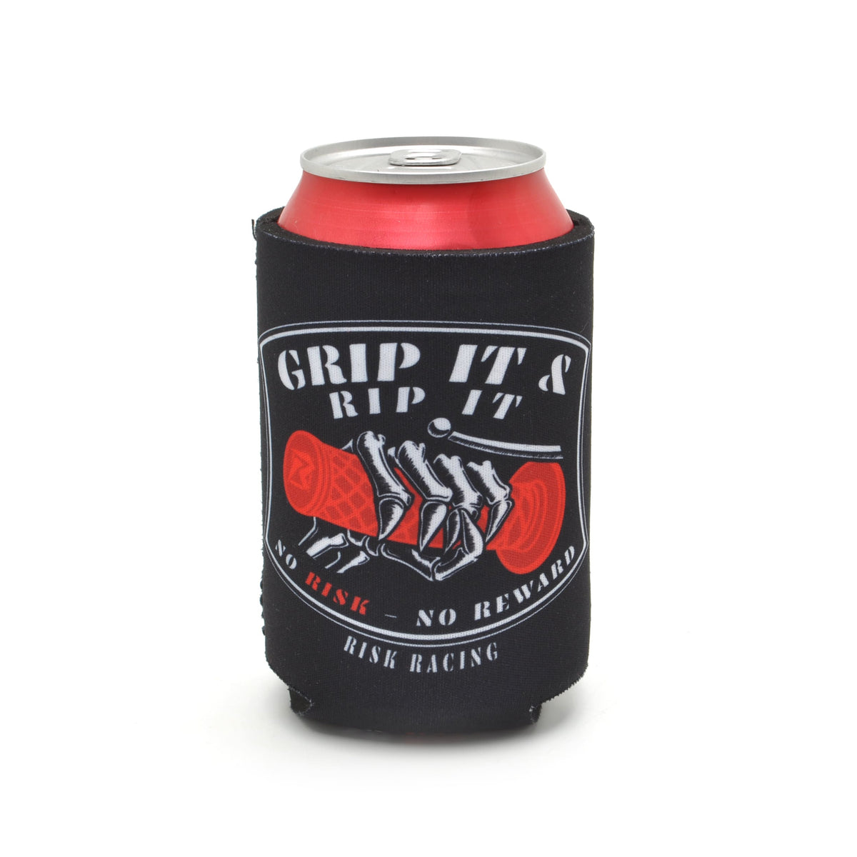 Risk Racing “Grip It & Rip It” drink koozie holding a red soda can, featuring a skeleton hand gripping a red motocross throttle with the text “No Risk — No Reward.”