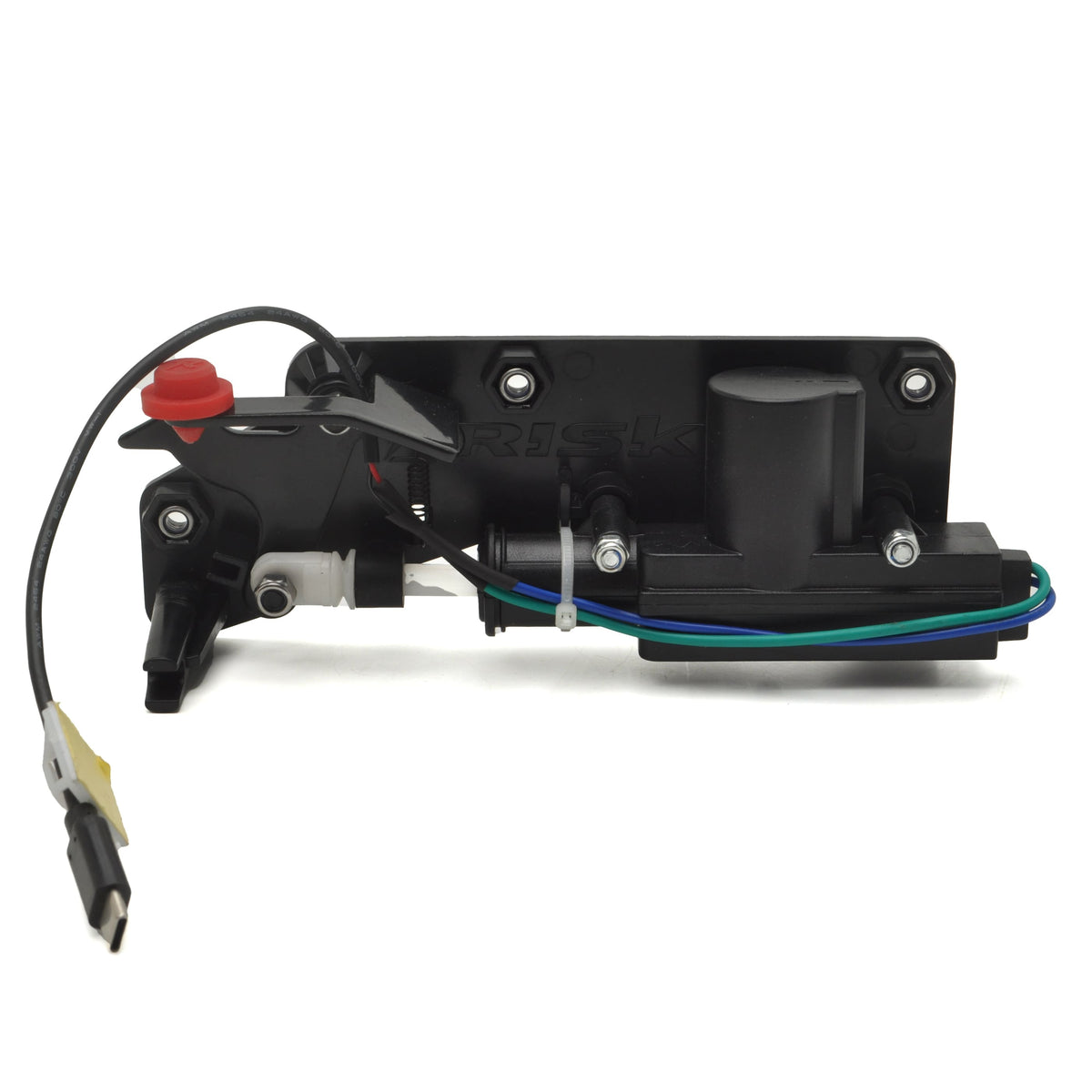 Electronic gate motor assembly, primarily black in color, with some wiring.