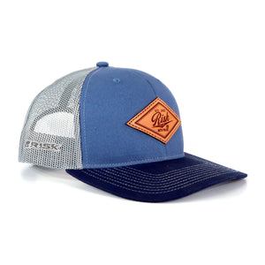 Risk Racing Blue Leather Patch Trucker Snapback Hat