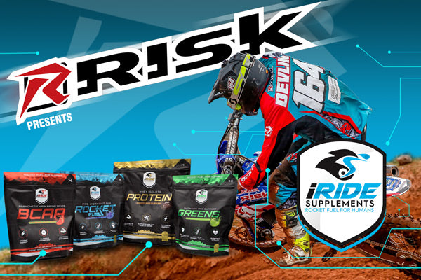 Risk Racing presents iRide Supplements home page banner featuring the products bags and a motocross racer