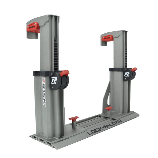 Motorcycle transport stand with adjustable grips and branding, suitable for secure loading.