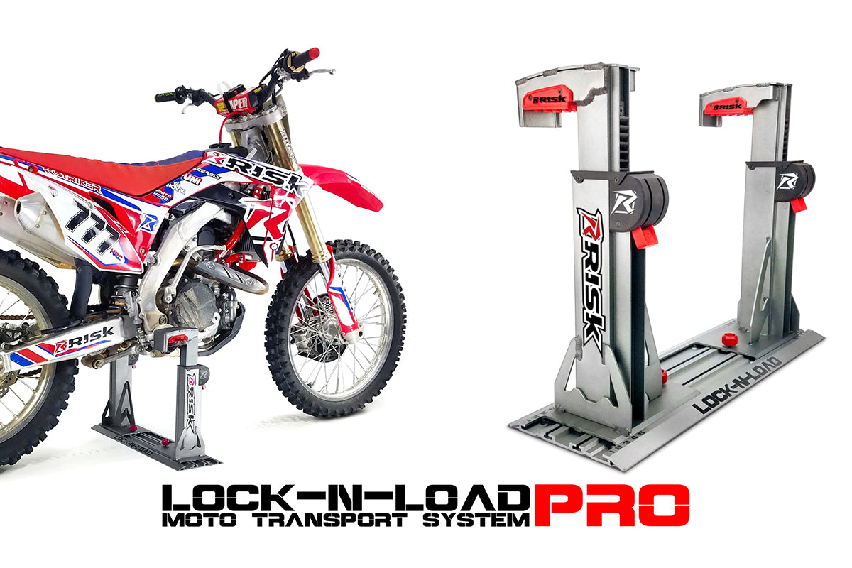 Lock-N-Load Pro homepage banner featuring one LNL with a dirt bike in it and one by itself and the product logo