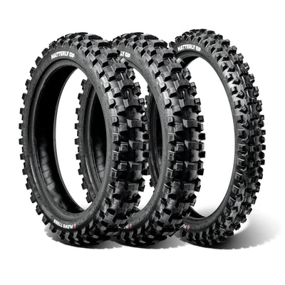 Product image of a MX2 MATTERLY front and 2 rear tire bundle in a white studio environment.