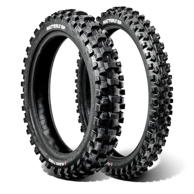 Product image of a MX2 MATTERLY front and rear tire bundle in a white studio environment.