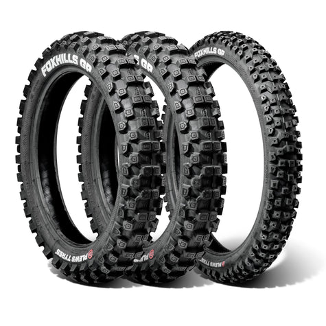 Product image of a MX3 FOXHILLS GP front and 2 rear tire bundle in a white studio environment.