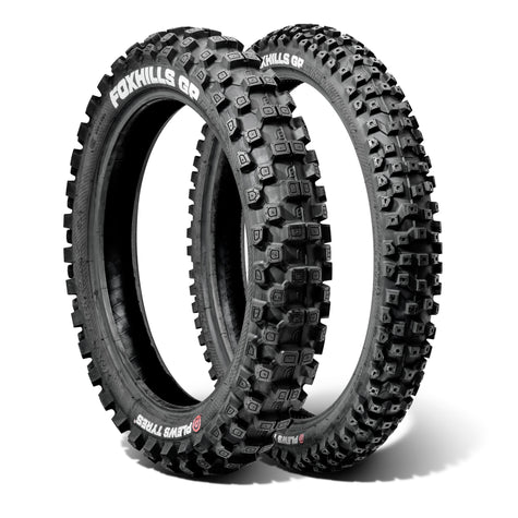 Product image of a MX3 FOXHILLS GP front and rear tire bundle in a white studio environment.