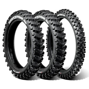 Plews Tyres | Sand/Mud 3pc Set | Two MX1 HAWKSTONE Rears & One MX2 MATTERLY Front Motocross Tire Bundle - 3/4 view