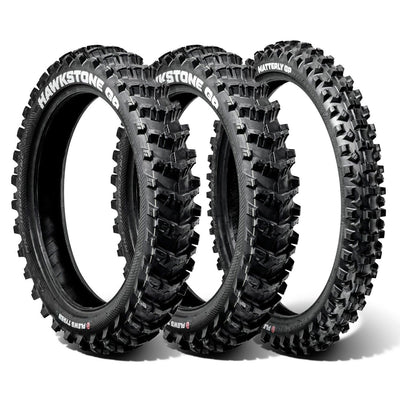 Product image of a MX2 MATTERLY front and 2 MX1 HAWKSTONE rear tires bundle in a white studio environment.