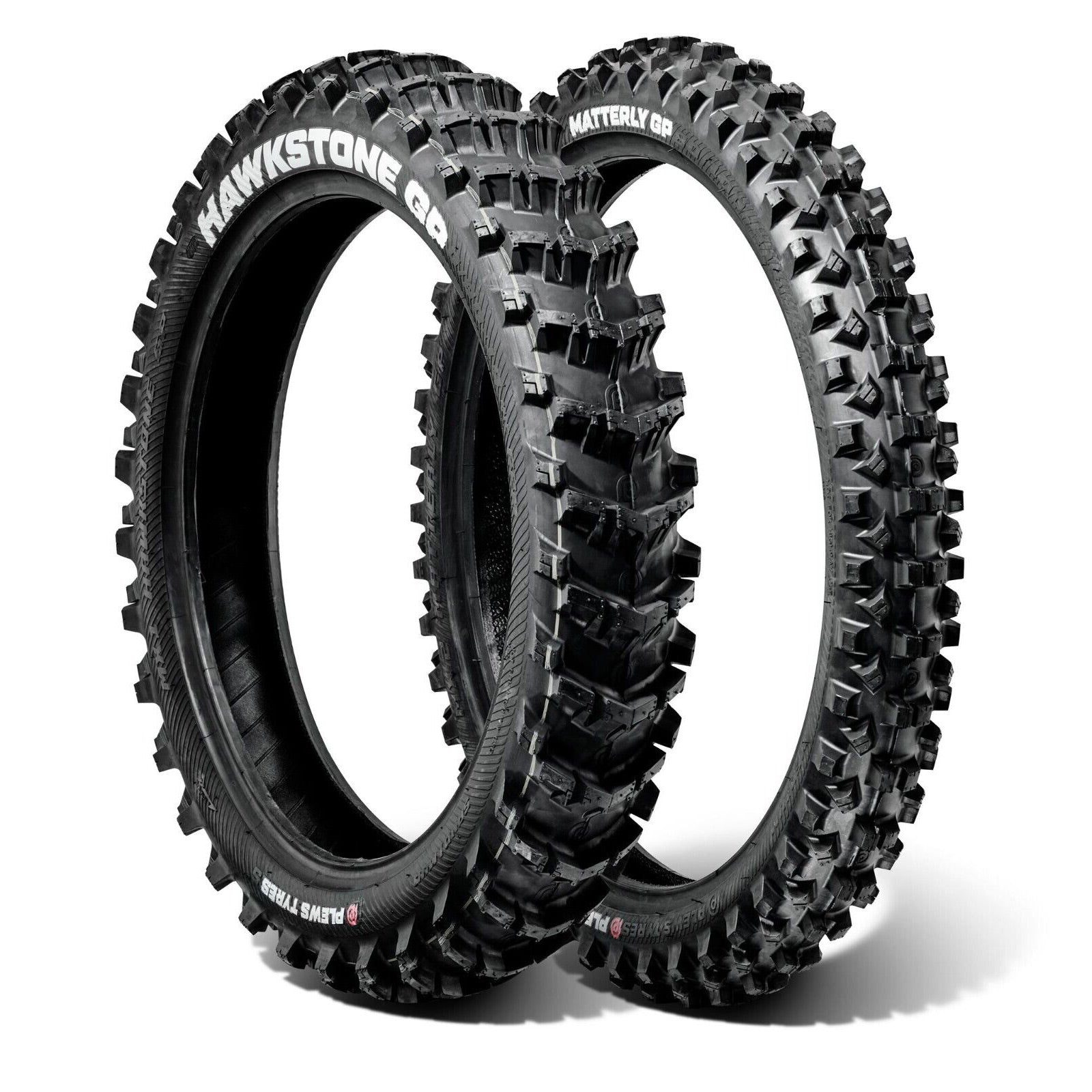 Plews Tyres | Sand Set | MX1 HAWKSTONE Rear & MX2 MATTERLY Font Motocross Tire Bundle - 3/4 view