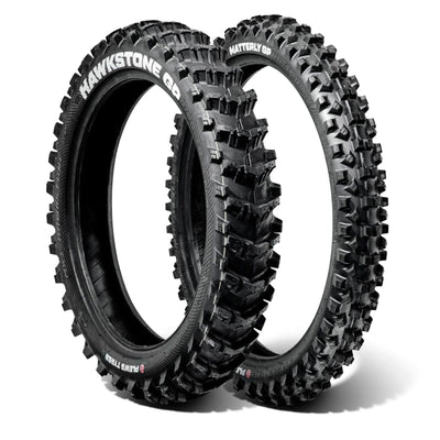 Product image of a MX2 MATTERLY front and a MX1 HAWKSTONE rear tire bundle in a white studio environment.
