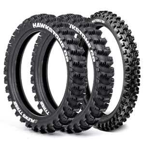 Plews Tyres | Sand/Mud 3pc Set | Two MX1 HAWKSTONE Rears & One MX2 MATTERLY Front Motocross Tire Bundle - 3/4 view