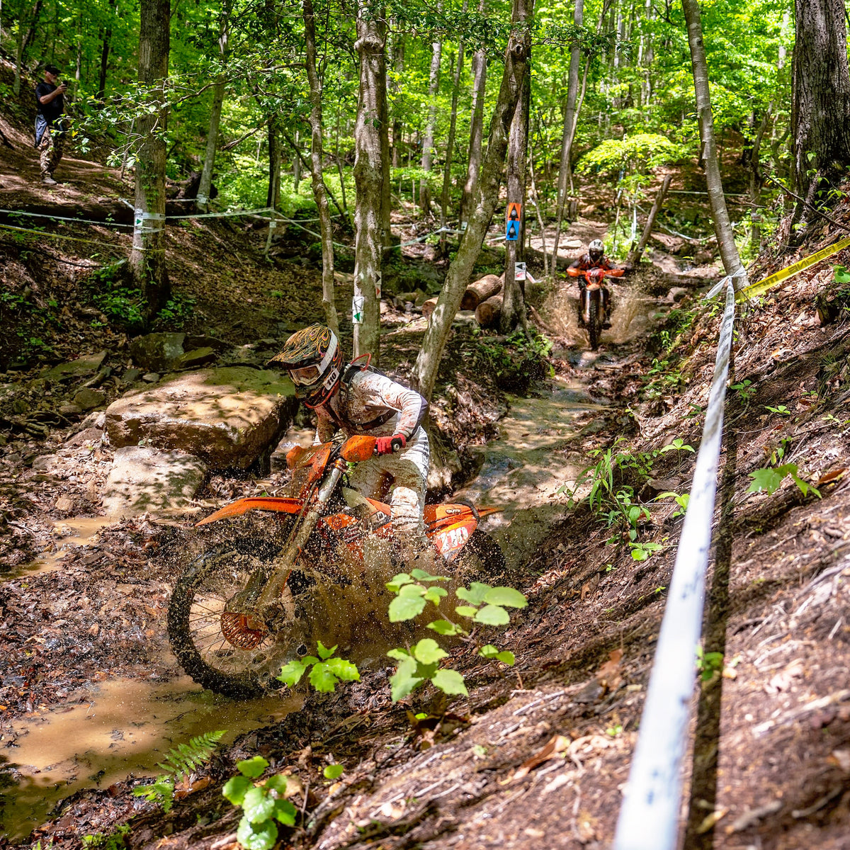 Two motocross riders maneuver through a narrow, muddy creek bed surrounded by dense forest during an off-road enduro race, with water splashing and race tape lining the wooded trail.