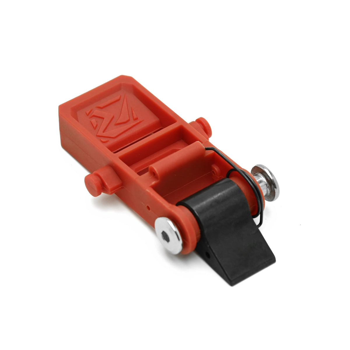 A red plastic mechanical component, likely a latch or switch part, featuring a black rubber strip, silver metal screws, and an embossed logo on the top surface, shown on a plain white background.