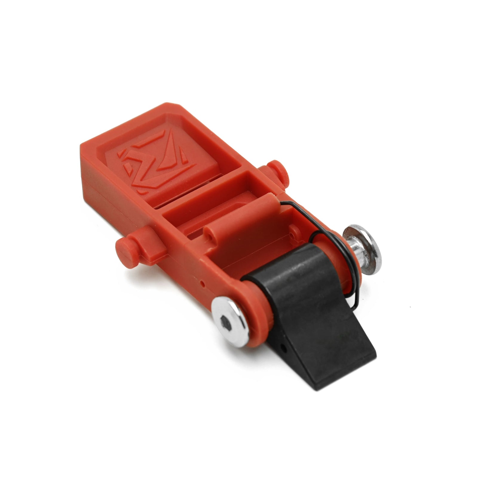 A red plastic mechanical component, likely a latch or switch part, featuring a black rubber strip, silver metal screws, and an embossed logo on the top surface, shown on a plain white background.