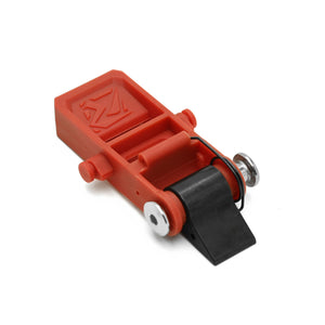 A red plastic mechanical component, likely a latch or switch part, featuring a black rubber strip, silver metal screws, and an embossed logo on the top surface, shown on a plain white background.
