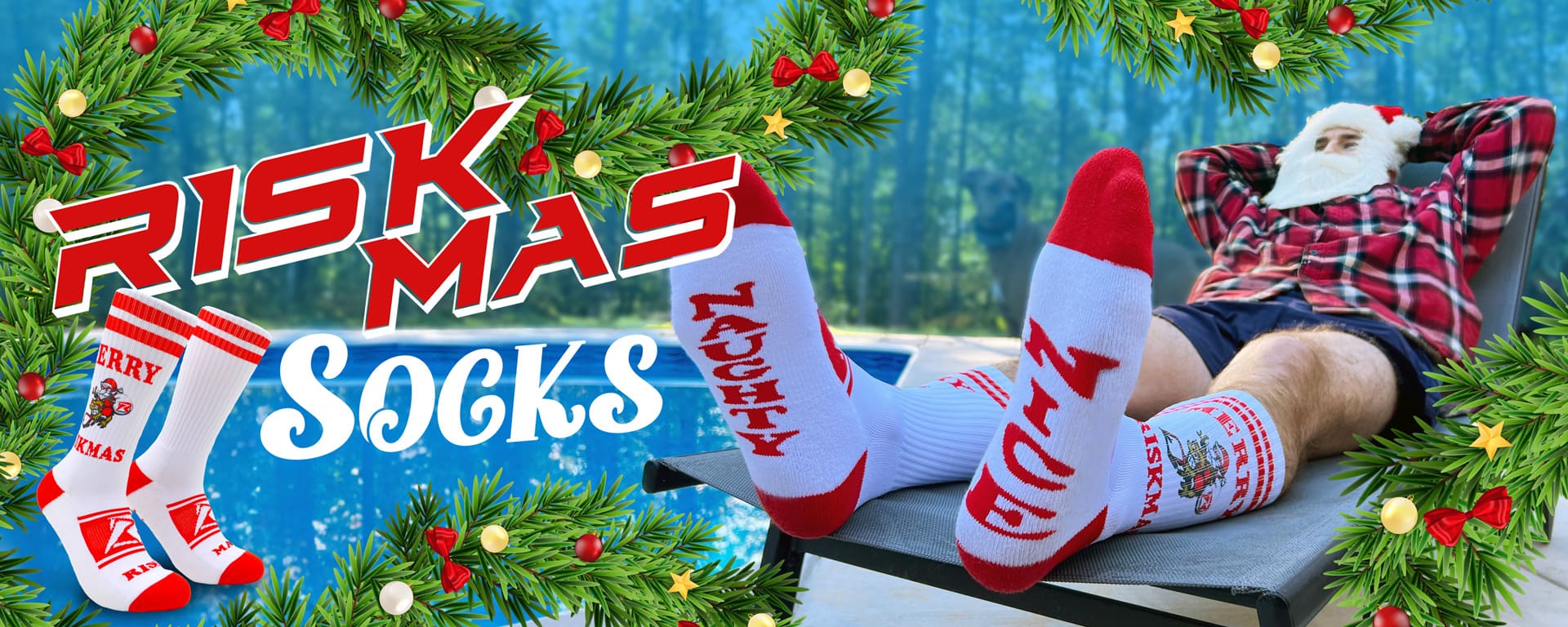 Riskmas socks banner featuring Ethan posing poolside wearing a Santa hat and beard.