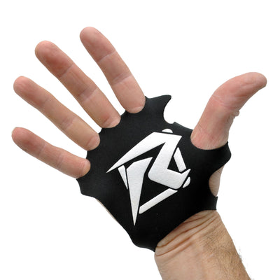 Hand wearing a black open glove with a white logo displayed on the palm.