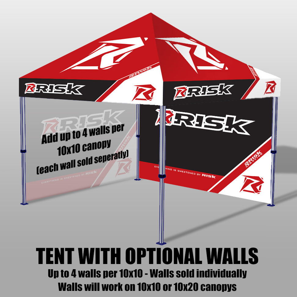 Tent Walls rendering showing a 10x10 canopy pit tent with 2 tent walls installed. Text reads: Tent with optional walls. Up to 4 walls per 10x10 - Walls sold individually. Walls will work on 10x10 or 10x20 canopies.