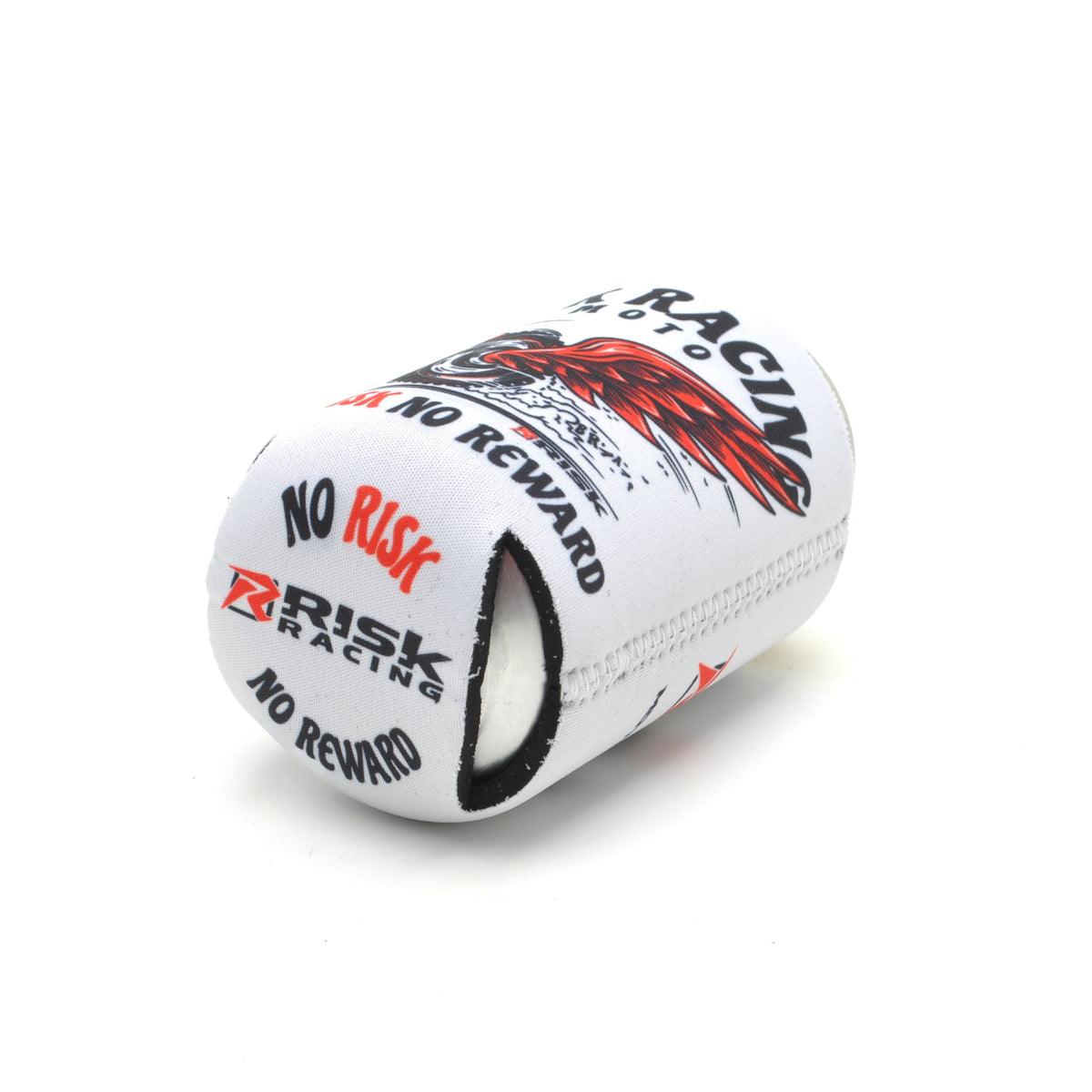 Angled side and bottom view of the Risk Racing “Tire n Wings” drink koozie in white neoprene, featuring red-winged tire artwork and repeated “No Risk No Reward” branding around the base, shown with a soda can inside.