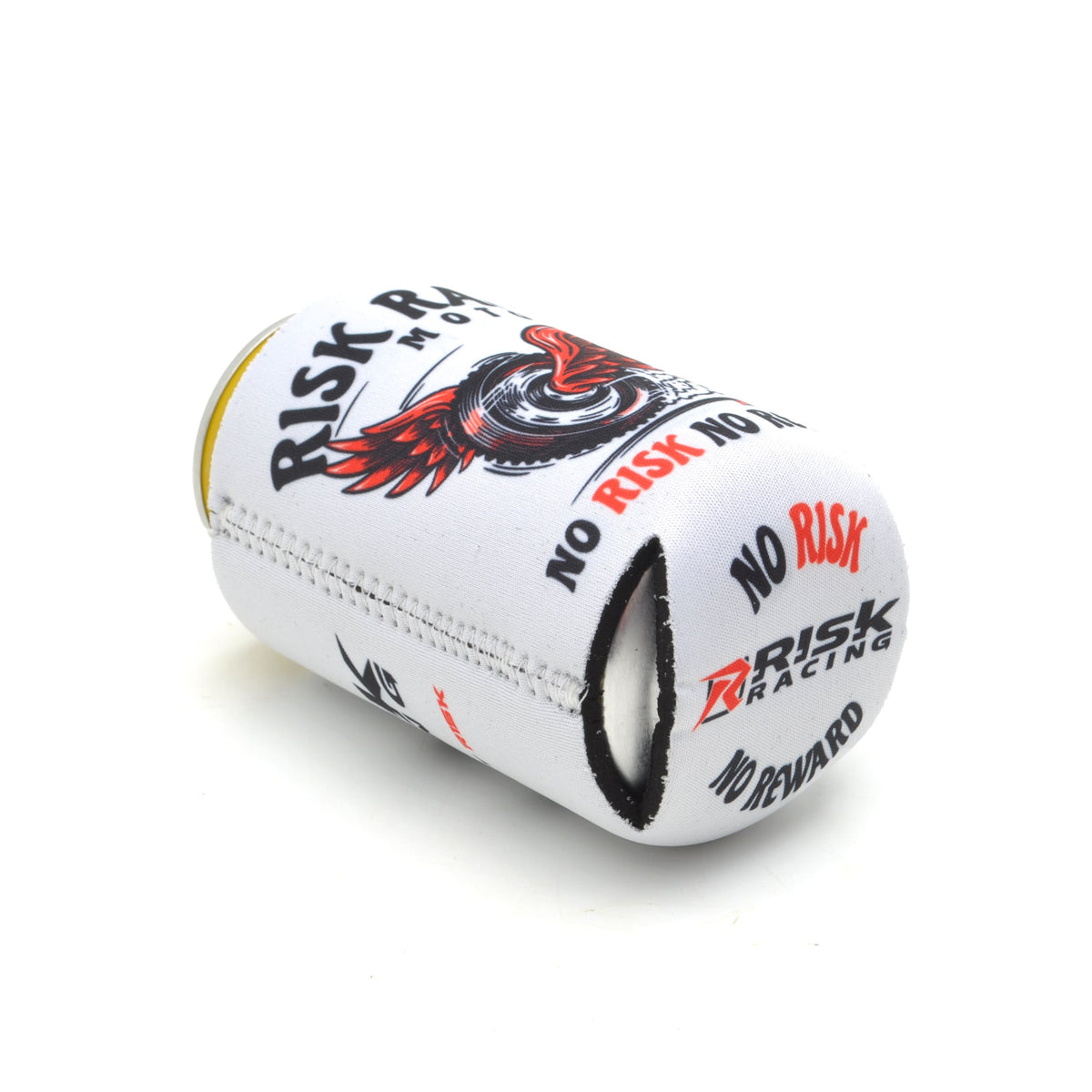 Angled side and bottom view of the Risk Racing “Tire n Wings” drink koozie in white neoprene, featuring red-winged tire artwork and repeated “No Risk No Reward” branding around the base, shown with a yellow soda can inside.
