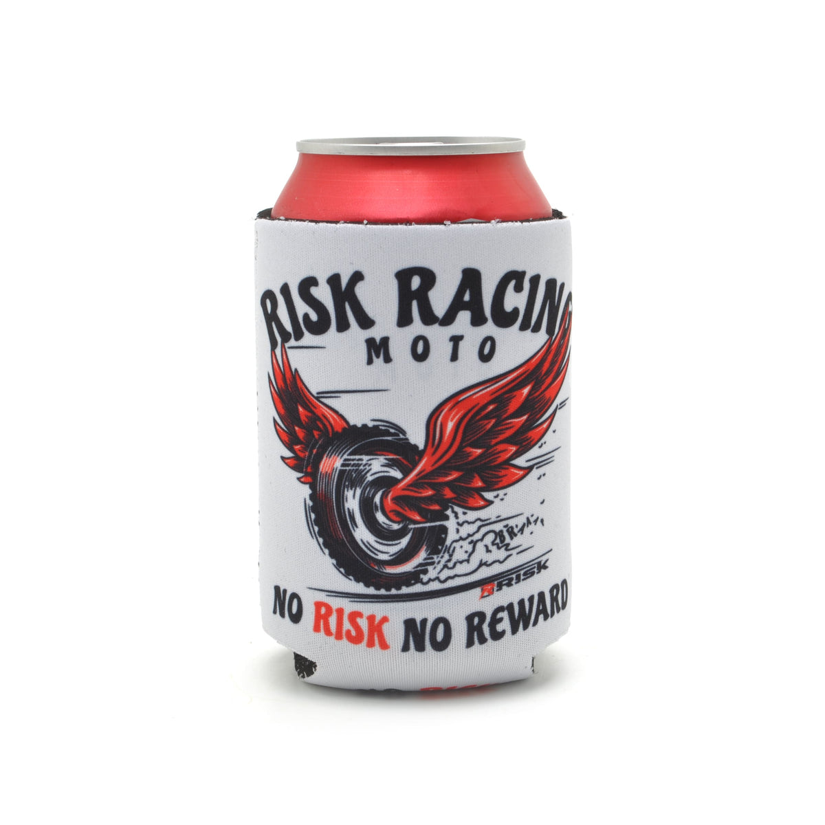Risk Racing “Tire n Wings” drink koozie in white neoprene, featuring a red-winged motorcycle tire graphic with the text “No Risk No Reward” and “Risk Racing Moto,” holding a red soda can.