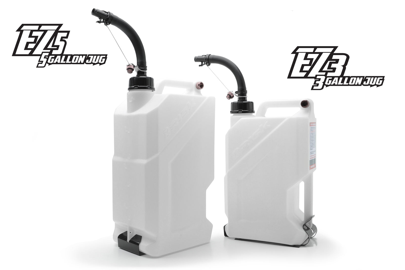 EZ Utility Jug Banner featuring both the EZ3 3 gallon and the EZ5 5 gallon utility jugs shown with the black hose bender and EZ floor mounts installed.