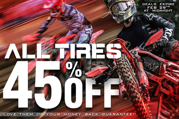 Plews 45% OFF event banner. love them or your money back guarantee! two lifestyle images of mx racers on bikes that are wearing plews tyres