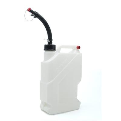 White fuel container with a black flexible spout and red cap.