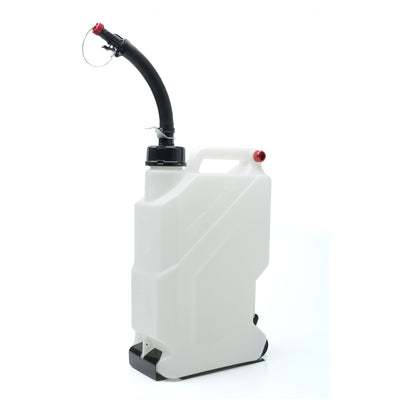 White fuel jug with a black spout and handle.