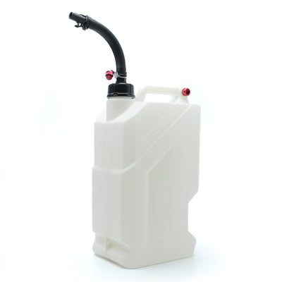 White fuel container with black spout and red caps on a white background.