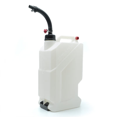 White plastic fuel container with black spout and cap, designed for easy pouring.