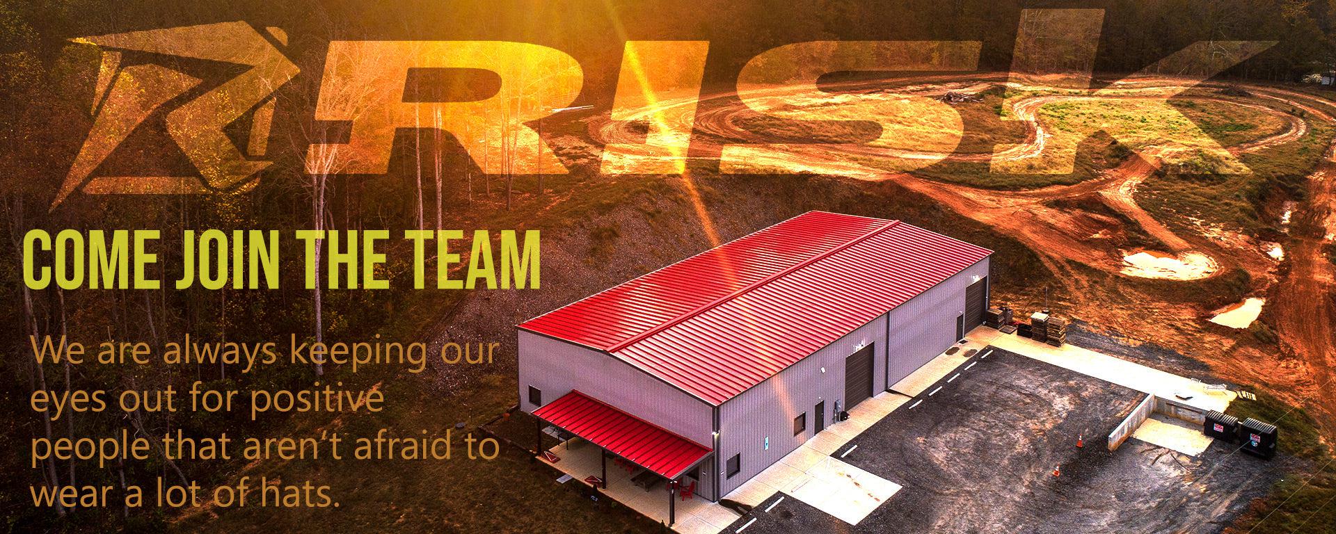 Risk Racing Careers Banner featuring an image of the BISS Headquarters and the Motocross track in the background. Text reads: Come join the team. We are always keeping our eyes out for positive people that aren't afraid to wear a lot of hats.