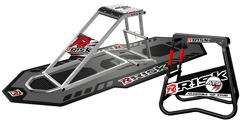 Risk Racing adjustable top stand, Ride-On Stand, and Factory Pit Mat on a transparent background