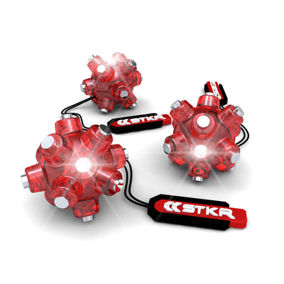 Red multi-directional magnetic lights with STKR branding, featuring multiple LED bulbs.