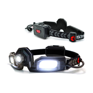 3qtr front shot and a 3qrt rear shot of a FLEXIT Headlamp 3.0 with the lights on in a white studio environment