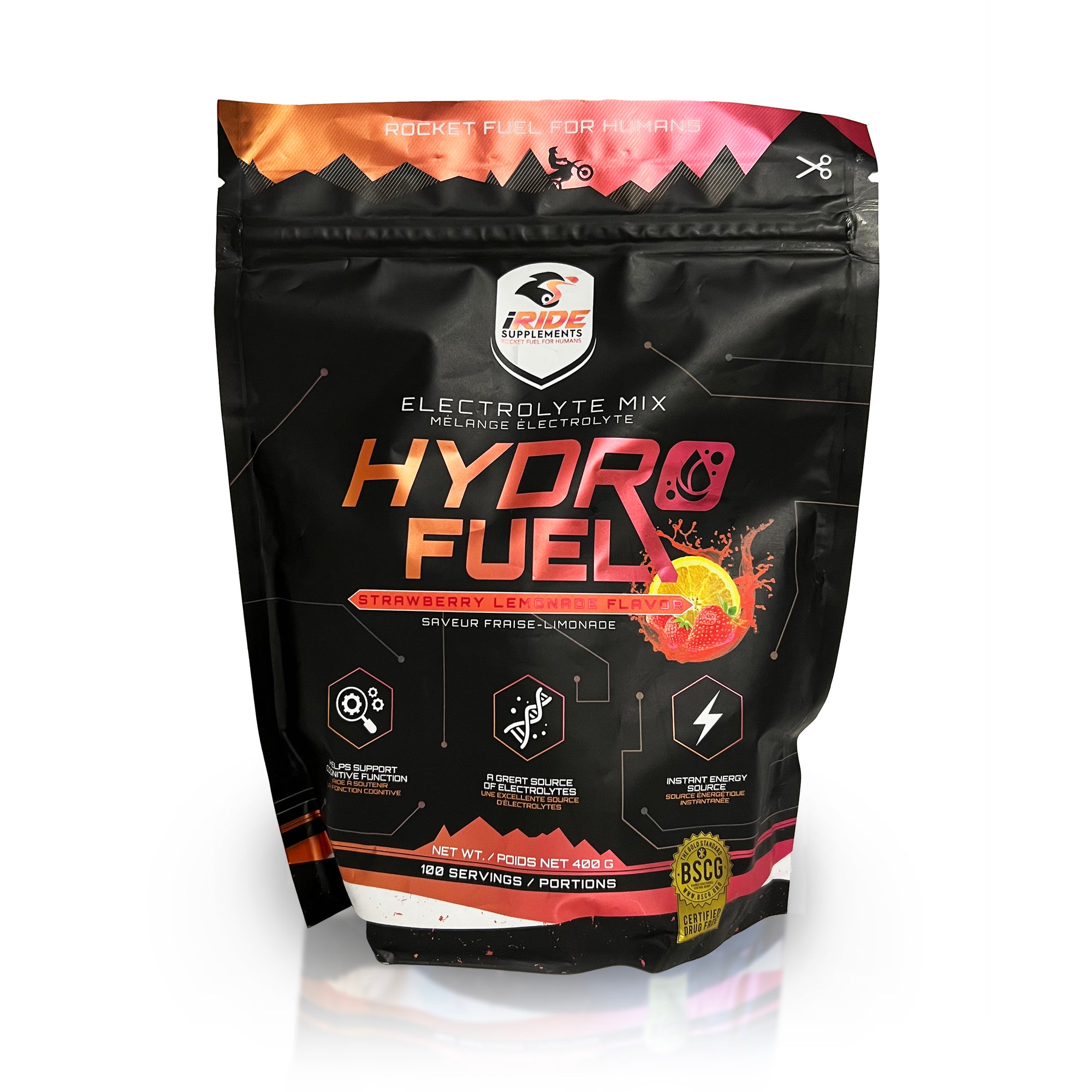 Front view of an iRide Supplements Hydro Fuel Electrolyte Mix 100 Serving Bag (400g)