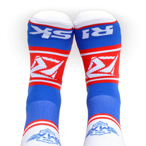 Red, White, & Blue Ride Risky - Motocross Socks - top view - Fuel / Risk Racing
