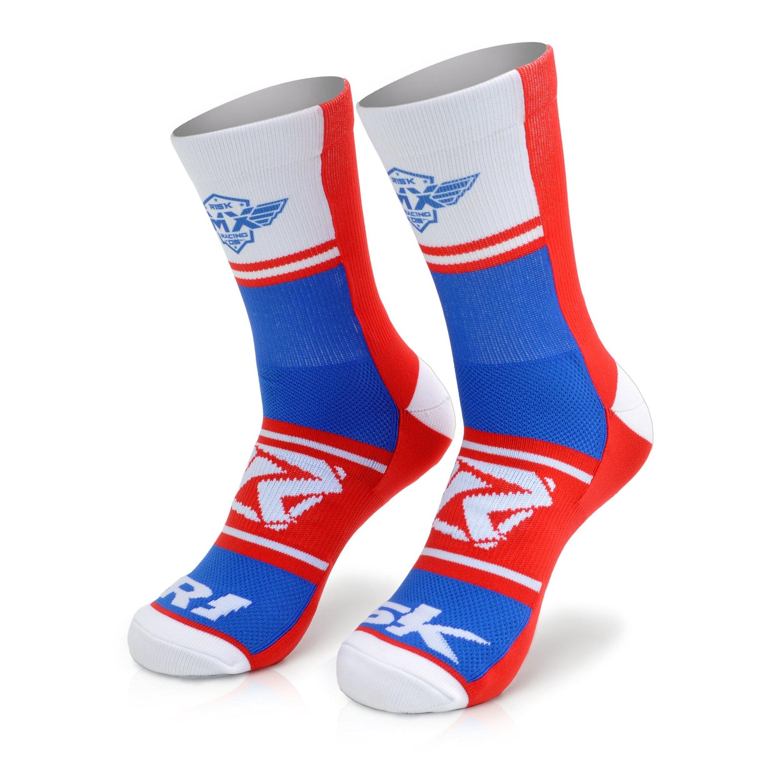 Red, White, & Blue Ride Risky - Motocross Socks - Bottom of feet - Fuel / Risk Racing